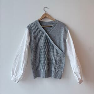 2 in 1 Gray Cable Knit Vest with White Sleeves